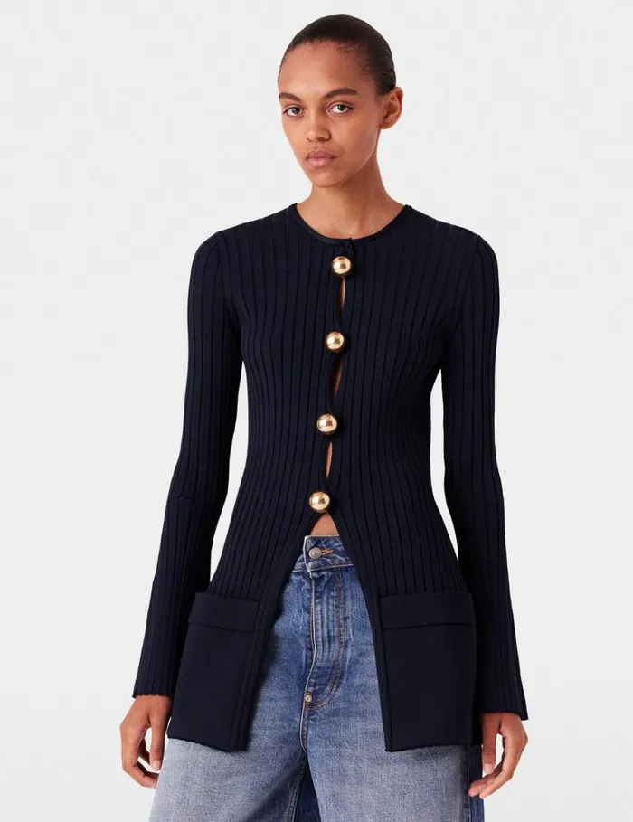 Women Stella McCartney Knitwear Ribbed Long Sleeve Cardigan Deep Navy Women Stella McCartney Knitwear Ribbed Long Sleeve Cardigan Deep Navy