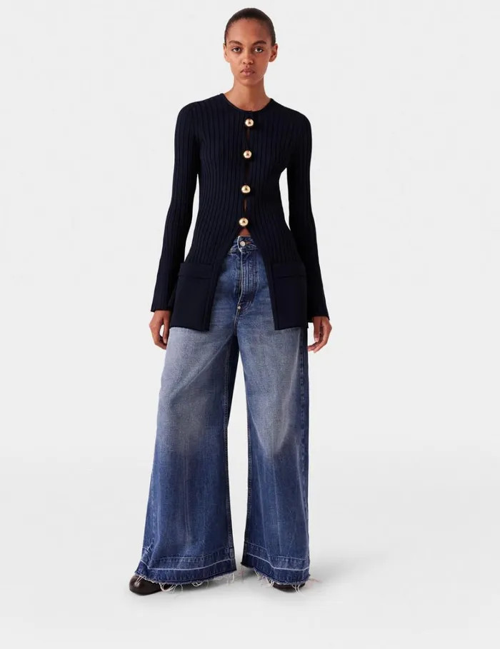 Women Stella McCartney Knitwear Ribbed Long Sleeve Cardigan Deep Navy Women Stella McCartney Knitwear Ribbed Long Sleeve Cardigan Deep Navy