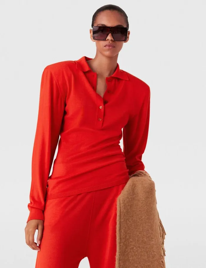 Women Stella McCartney Knitwear Strong Shoulder Polo Shirt Lipstick Red Women Stella McCartney Knitwear Strong Shoulder Polo Shirt Lipstick Red