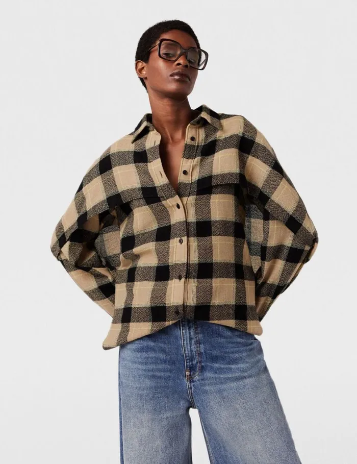 Women Stella McCartney Shirts And Tops Layered Check Shirt Beige And Black Women Stella McCartney Shirts And Tops Layered Check Shirt Beige And Black