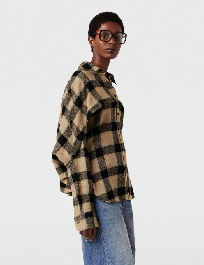 Women Stella McCartney Shirts And Tops Layered Check Shirt Beige And Black Women Stella McCartney Shirts And Tops Layered Check Shirt Beige And Black