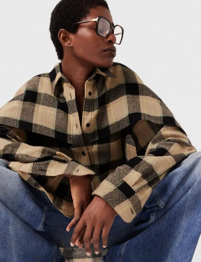 Women Stella McCartney Shirts And Tops Layered Check Shirt Beige And Black Women Stella McCartney Shirts And Tops Layered Check Shirt Beige And Black