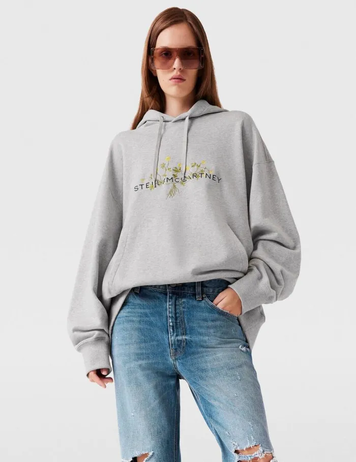 Women Stella McCartney Sweatshirts And TShirts Floral Embroidered Logo Hoodie Grey Melange Women Stella McCartney Sweatshirts And TShirts Floral Embroidered Logo Hoodie Grey Melange