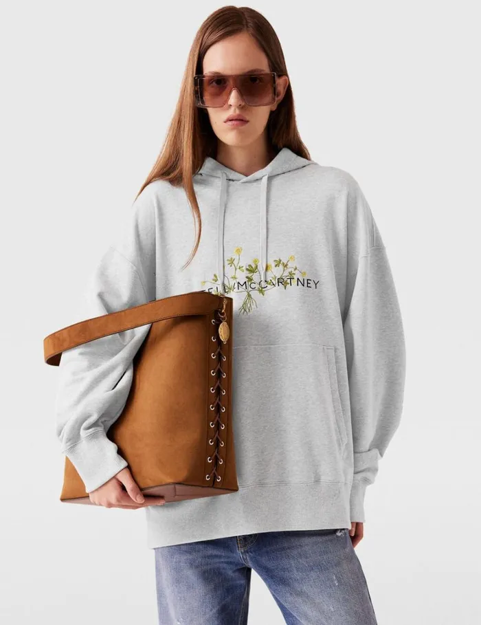 Women Stella McCartney Sweatshirts And TShirts Floral Embroidered Logo Hoodie Grey Melange Women Stella McCartney Sweatshirts And TShirts Floral Embroidered Logo Hoodie Grey Melange