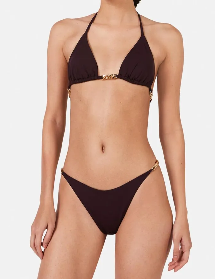 Women Stella McCartney Swimwear Falabella Chain VShape Bikini Briefs Burgundy