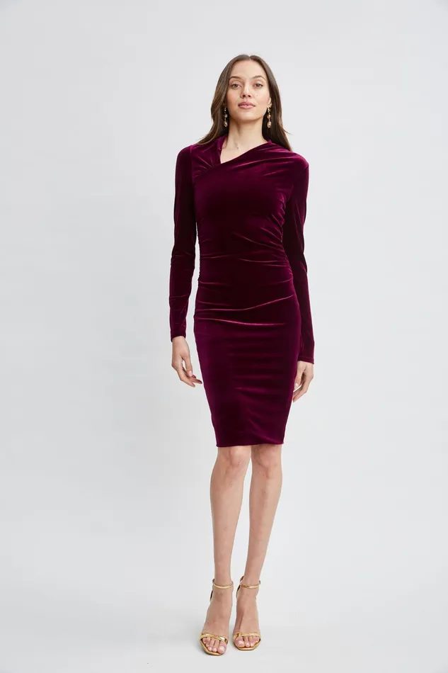 Women Suiting Elie Tahari Asymmetric Ruched Velvet Dress Burgundy