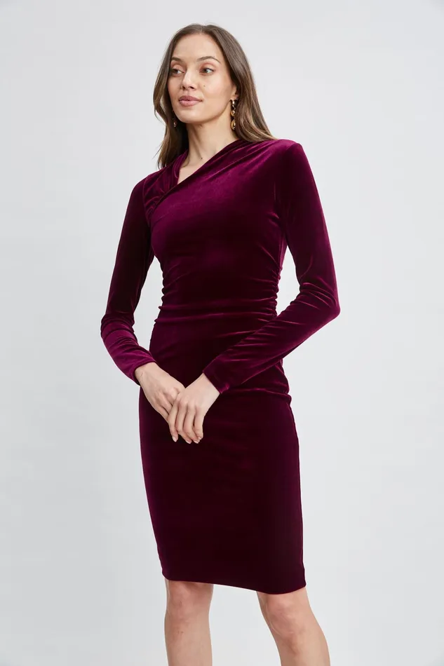 Women Suiting Elie Tahari Asymmetric Ruched Velvet Dress Burgundy