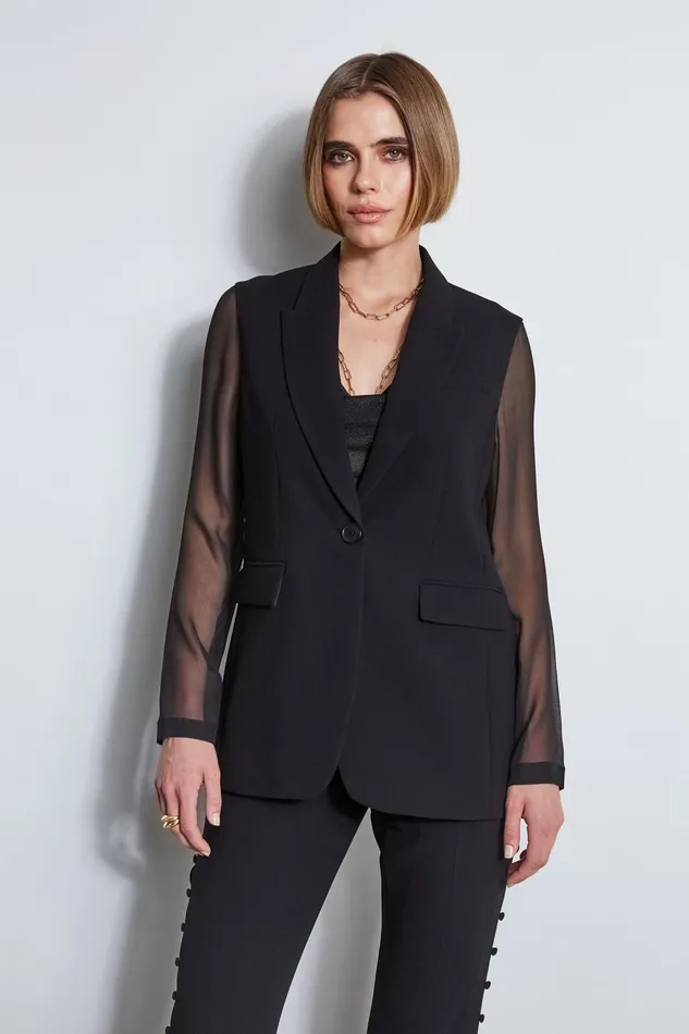 Women Suiting Elie Tahari Chiffon Combo Crepe Blazer Black