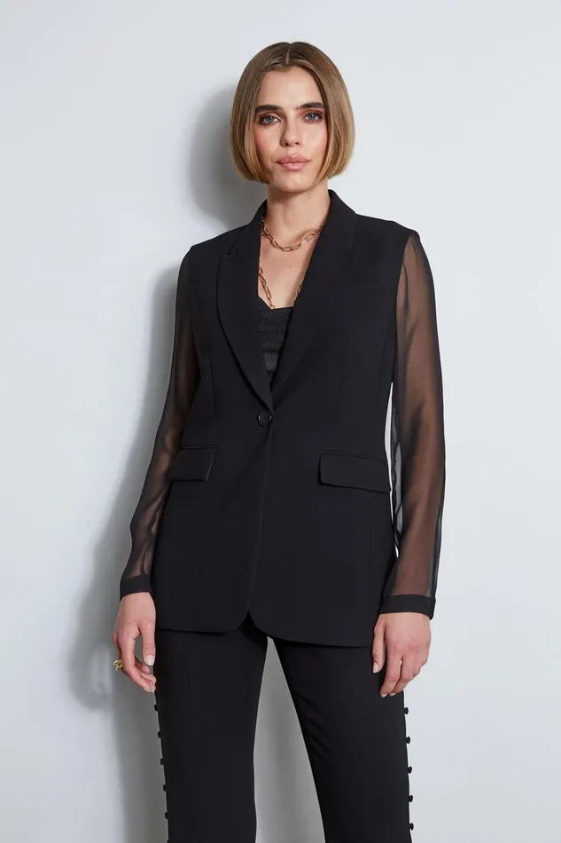 Women Suiting Elie Tahari Chiffon Combo Crepe Blazer Black