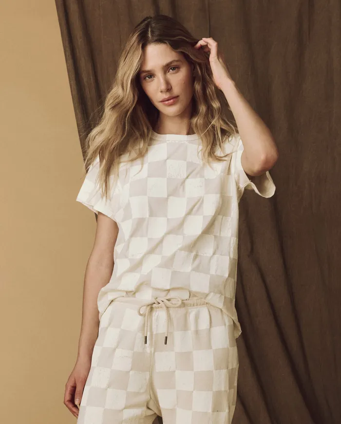 Women The Hand Stamped Boxy Crew Washed White with White Check Novelty Tees and Sweats The Great