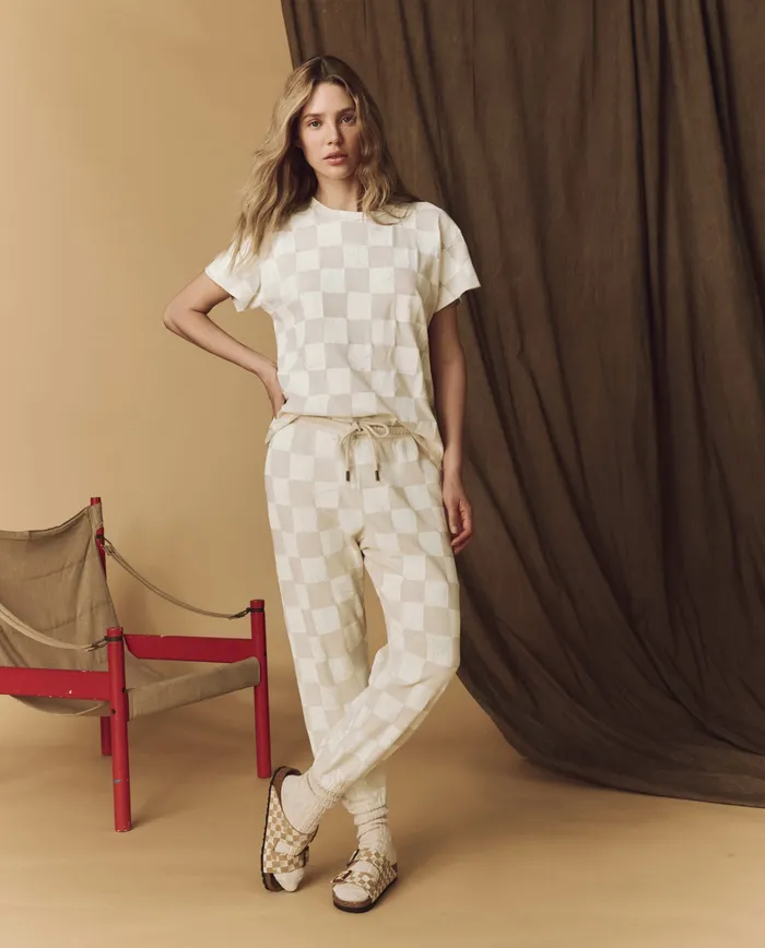 Women The Hand Stamped Boxy Crew Washed White with White Check Novelty Tees and Sweats The Great Women The Hand Stamped Boxy Crew Washed White with White Check Novelty Tees and Sweats The Great