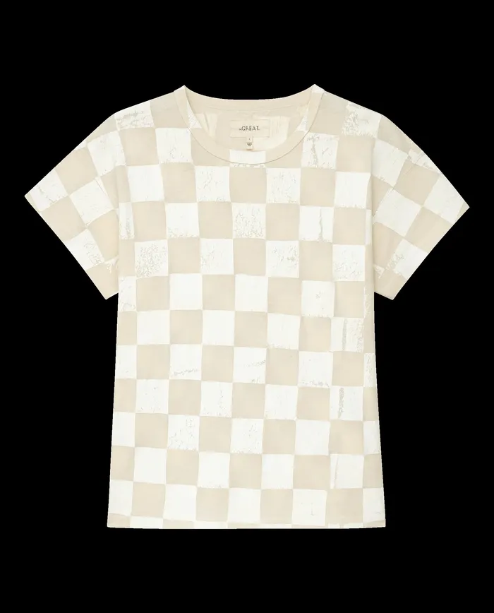 Women The Hand Stamped Boxy Crew Washed White with White Check Novelty Tees and Sweats The Great Women The Hand Stamped Boxy Crew Washed White with White Check Novelty Tees and Sweats The Great