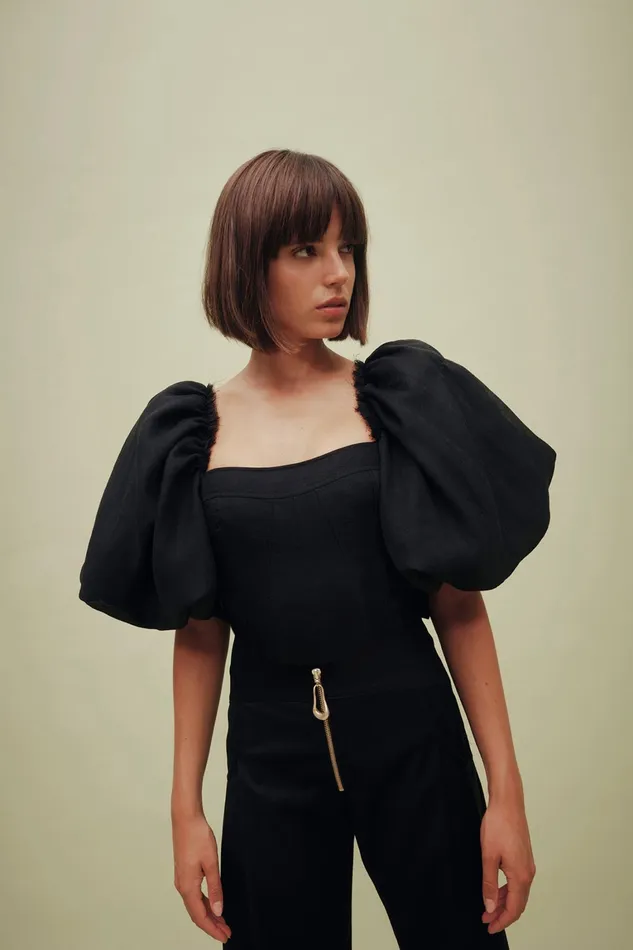 Women Tops Aje Cecile Puff Sleeve Corset Top Black