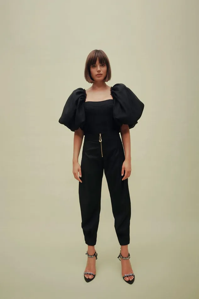 Women Tops Aje Cecile Puff Sleeve Corset Top Black