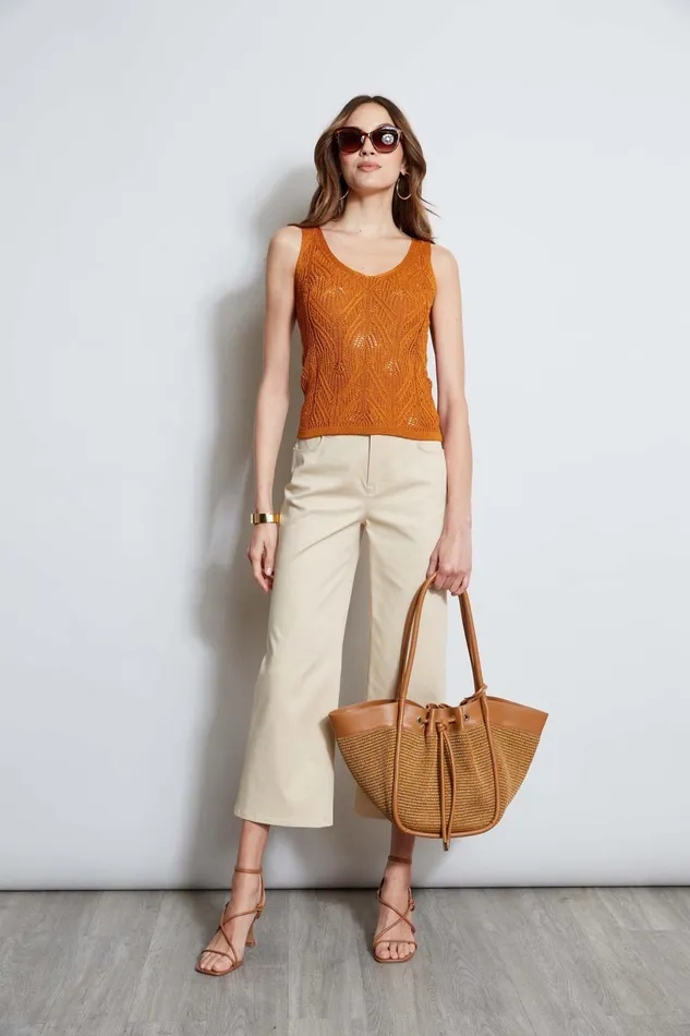 Women Tops and Sweaters Elie Tahari Cotton Crochet VNeck Sweater Ginger