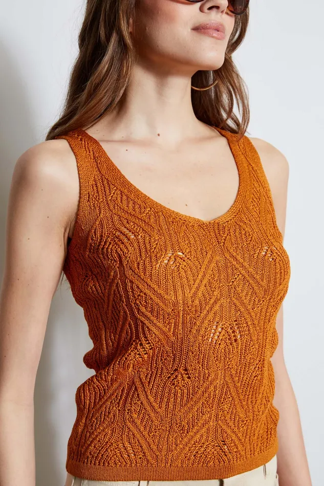 Women Tops and Sweaters Elie Tahari Cotton Crochet VNeck Sweater Ginger