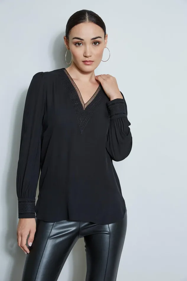 Women Tops and Sweaters Elie Tahari Embroidered Silk Shirt Black
