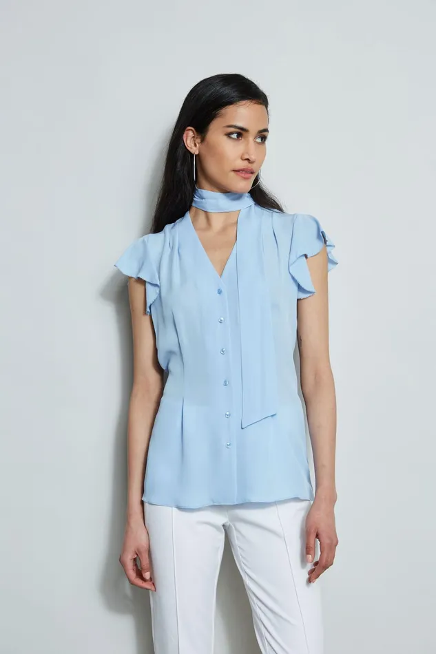 Women Tops and Sweaters Elie Tahari Flutter Sleeve Tie Shirt Water Blue