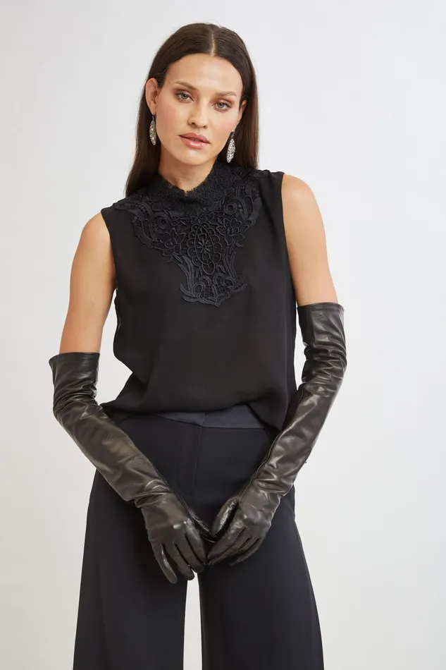 Women Tops and Sweaters Elie Tahari Lace Insert Crinkle Silk Chiffon Shirt Black