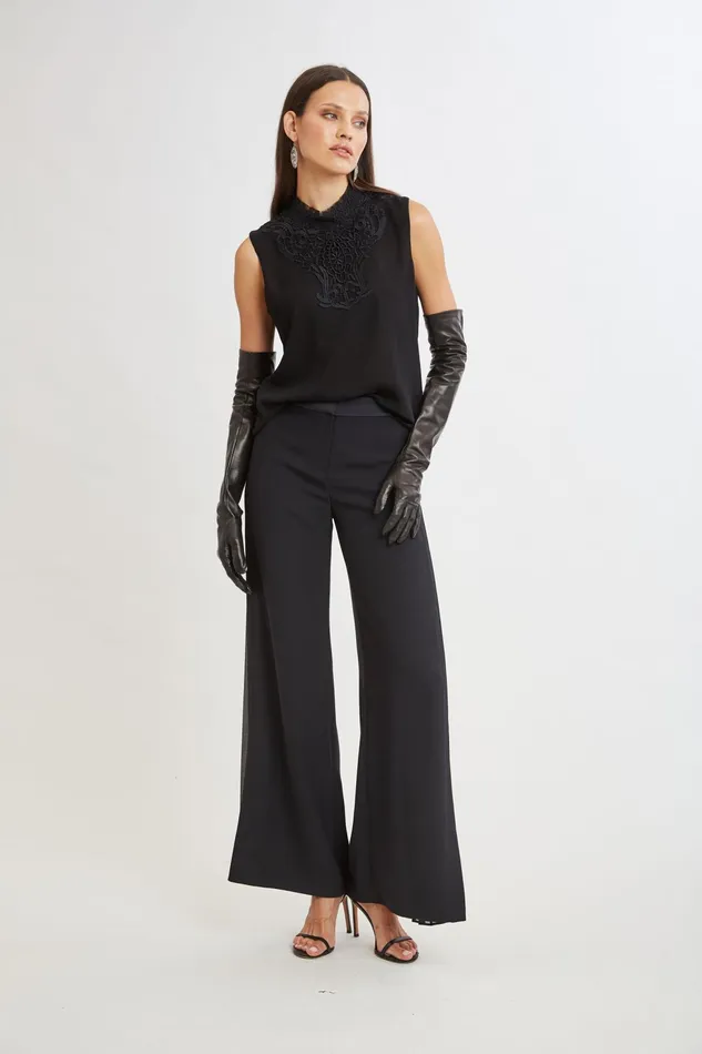 Women Tops and Sweaters Elie Tahari Lace Insert Crinkle Silk Chiffon Shirt Black