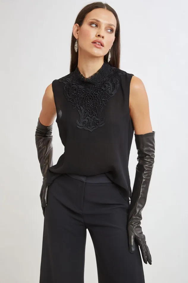 Women Tops and Sweaters Elie Tahari Lace Insert Crinkle Silk Chiffon Shirt Black