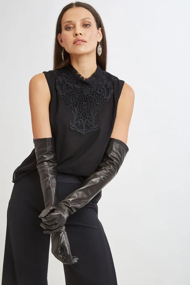 Women Tops and Sweaters Elie Tahari Lace Insert Crinkle Silk Chiffon Shirt Black