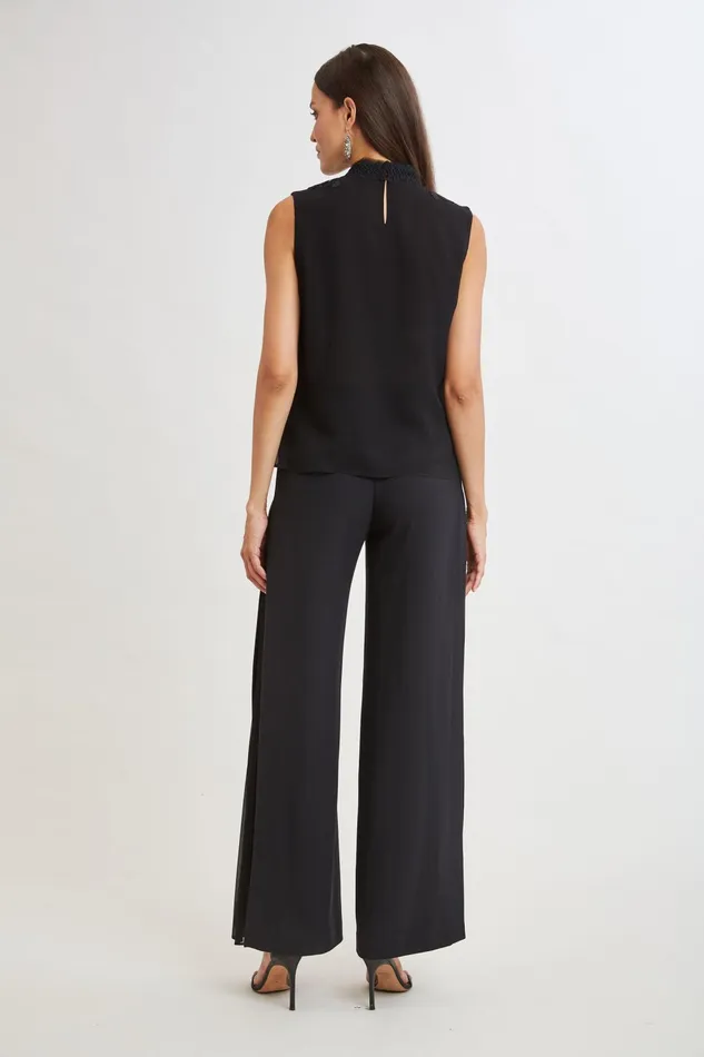 Women Tops and Sweaters Elie Tahari Lace Insert Crinkle Silk Chiffon Shirt Black
