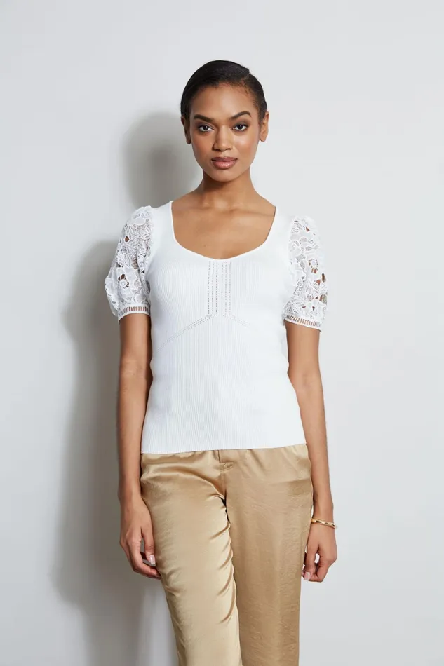 Women Tops and Sweaters Elie Tahari Lace Sleeve Sweater Sky White