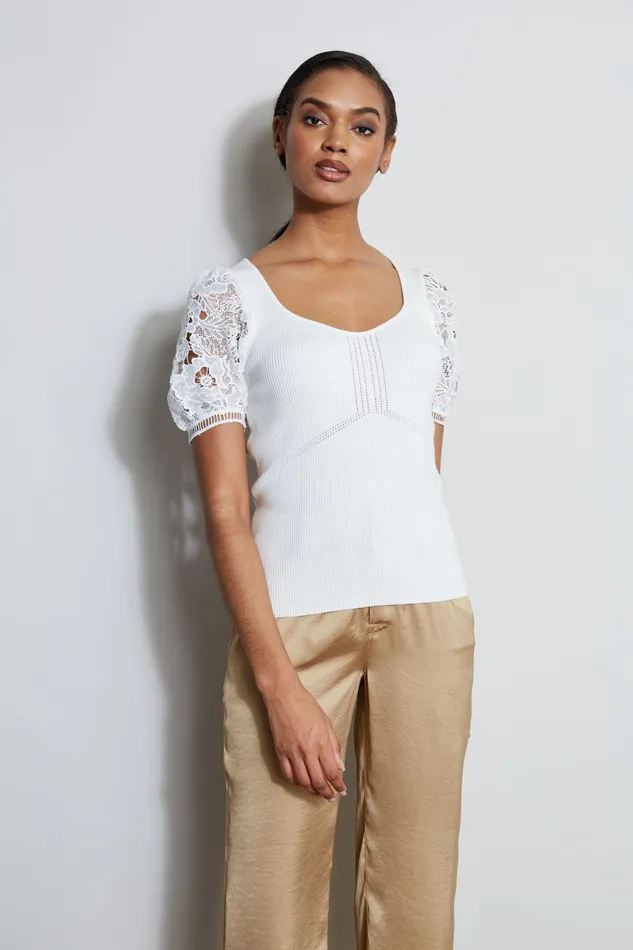 Women Tops and Sweaters Elie Tahari Lace Sleeve Sweater Sky White