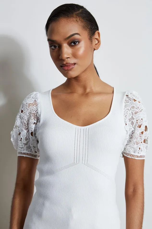 Women Tops and Sweaters Elie Tahari Lace Sleeve Sweater Sky White