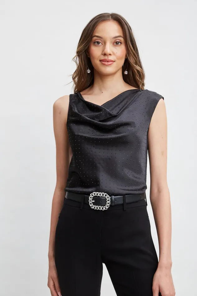 Women Tops and Sweaters Elie Tahari Satin Crystal Cowl Top Blackblack