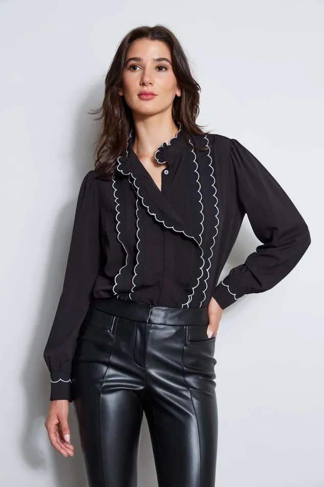 Women Tops and Sweaters Elie Tahari Scallop Button Down Shirt Noir
