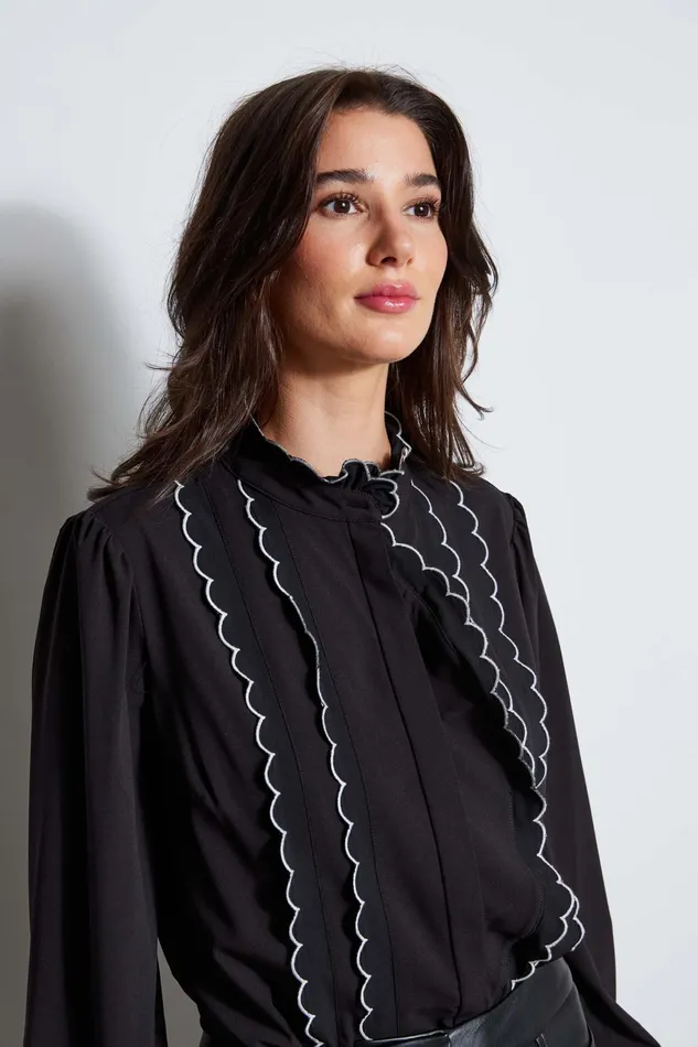 Women Tops and Sweaters Elie Tahari Scallop Button Down Shirt Noir