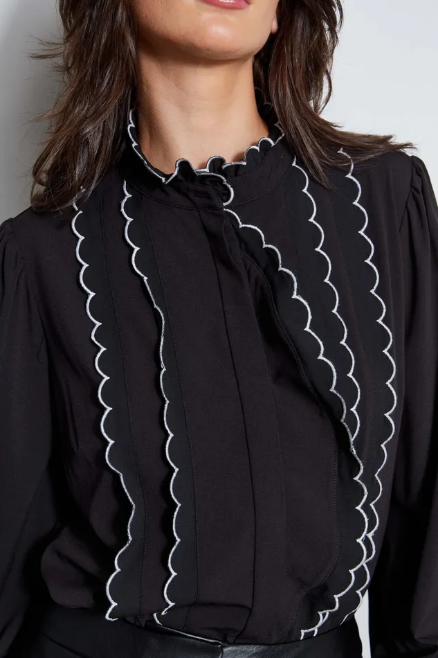 Women Tops and Sweaters Elie Tahari Scallop Button Down Shirt Noir