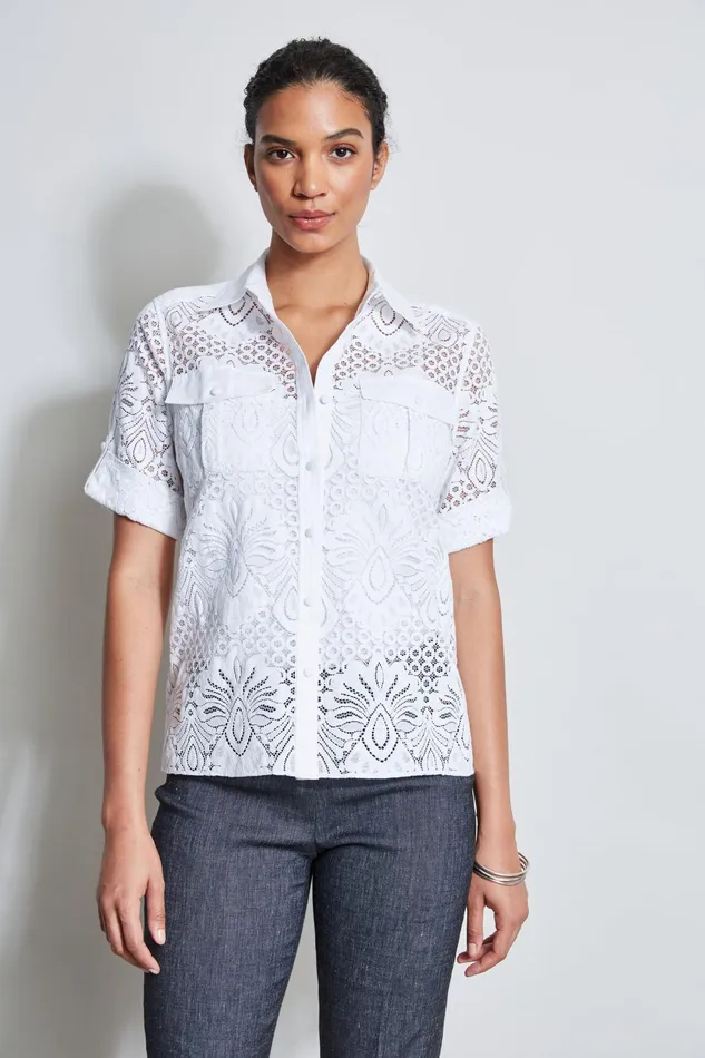 Women Tops and Sweaters Elie Tahari Short Sleeve Lace Utility Shirt White