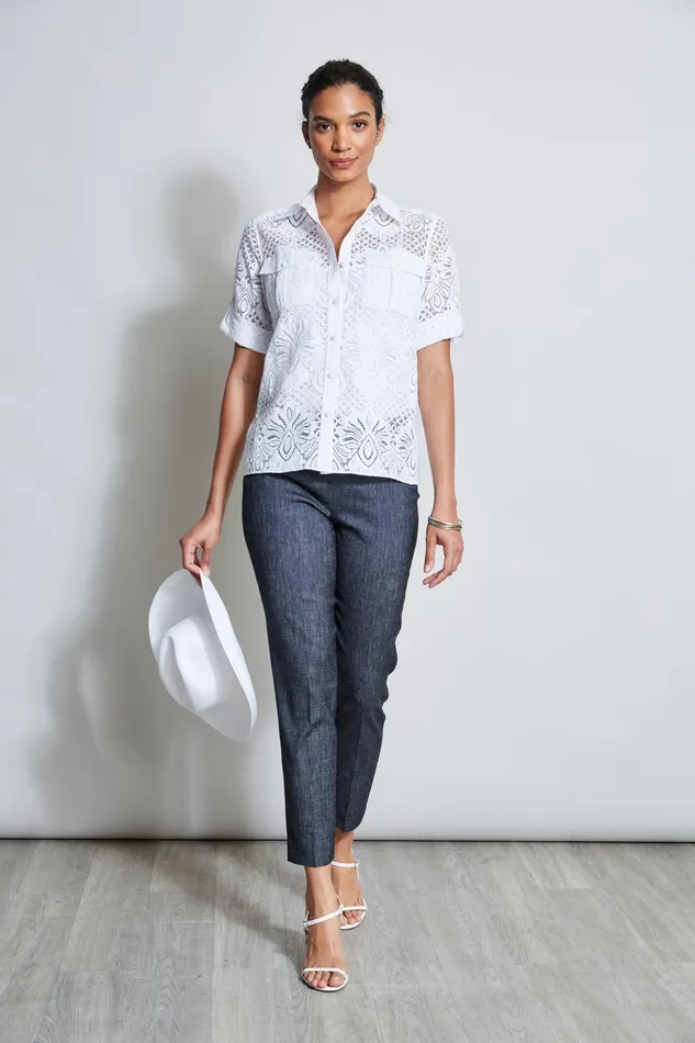 Women Tops and Sweaters Elie Tahari Short Sleeve Lace Utility Shirt White