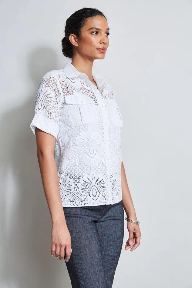 Women Tops and Sweaters Elie Tahari Short Sleeve Lace Utility Shirt White