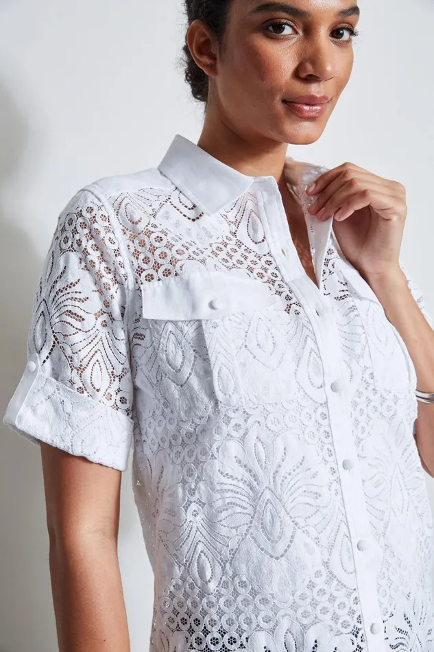 Women Tops and Sweaters Elie Tahari Short Sleeve Lace Utility Shirt White