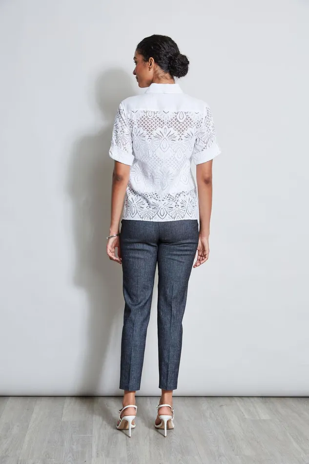 Women Tops and Sweaters Elie Tahari Short Sleeve Lace Utility Shirt White