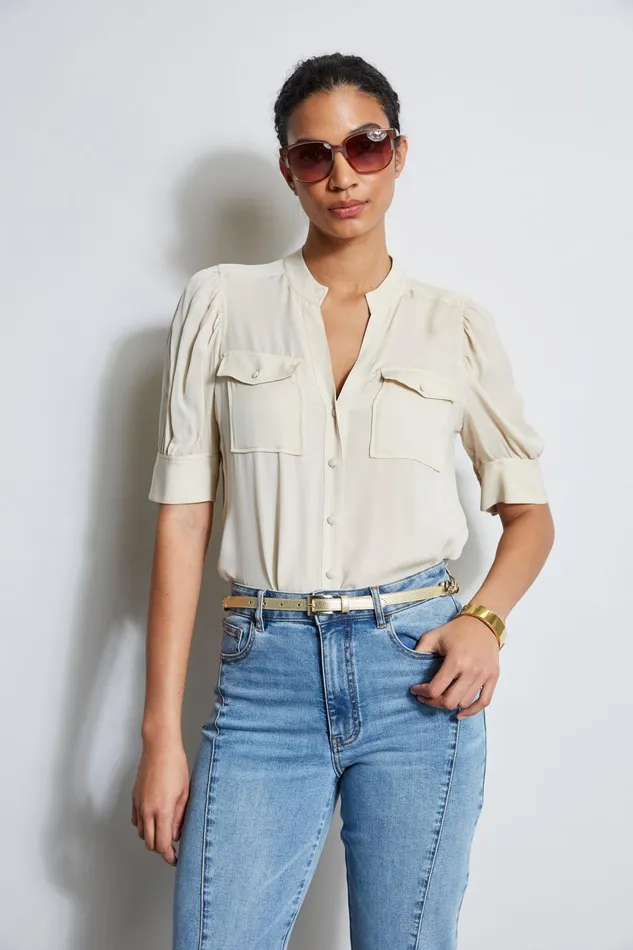 Women Tops and Sweaters Elie Tahari Short Sleeve Silk Utility Shirt Driftwood