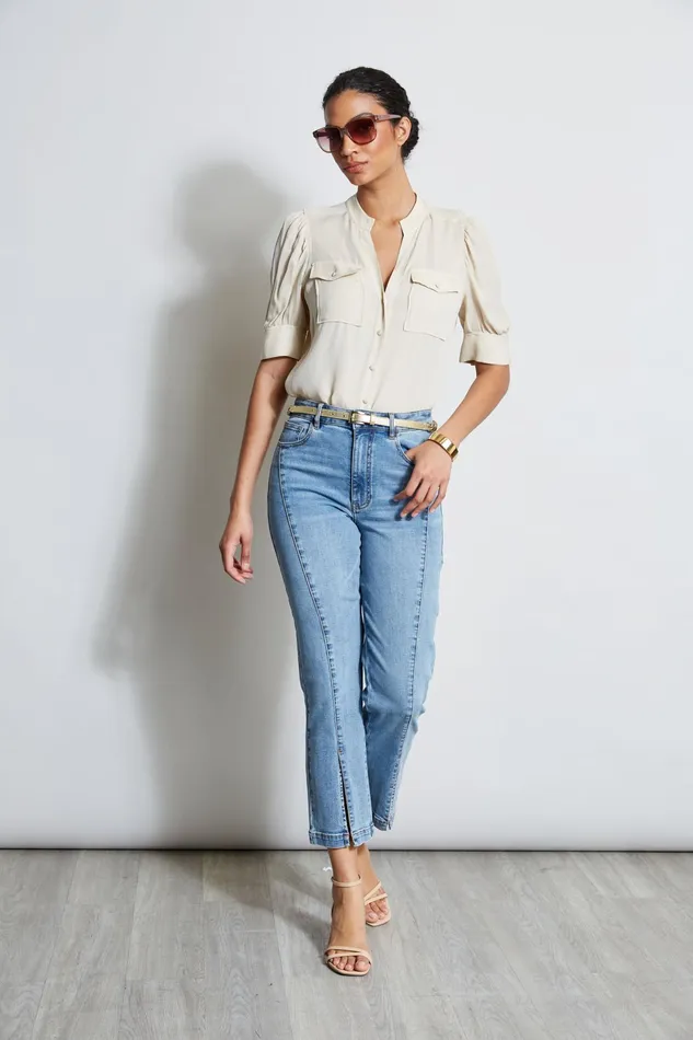 Women Tops and Sweaters Elie Tahari Short Sleeve Silk Utility Shirt Driftwood