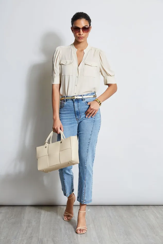 Women Tops and Sweaters Elie Tahari Short Sleeve Silk Utility Shirt Driftwood