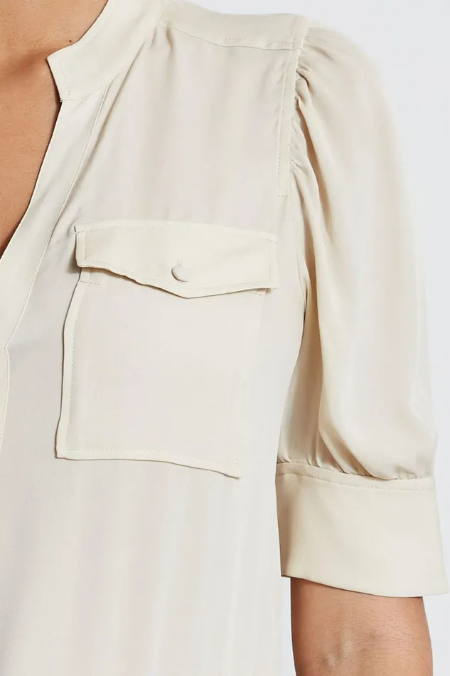 Women Tops and Sweaters Elie Tahari Short Sleeve Silk Utility Shirt Driftwood
