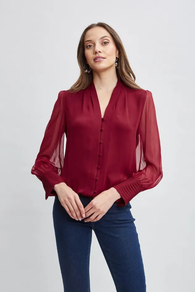 Women Tops and Sweaters Elie Tahari Silk Blouson Button Shirt Sangria