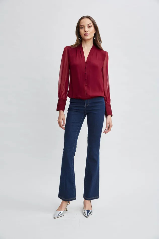 Women Tops and Sweaters Elie Tahari Silk Blouson Button Shirt Sangria