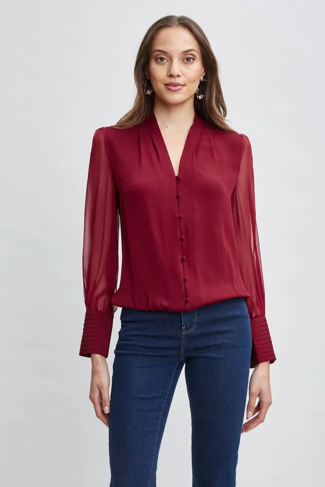 Women Tops and Sweaters Elie Tahari Silk Blouson Button Shirt Sangria