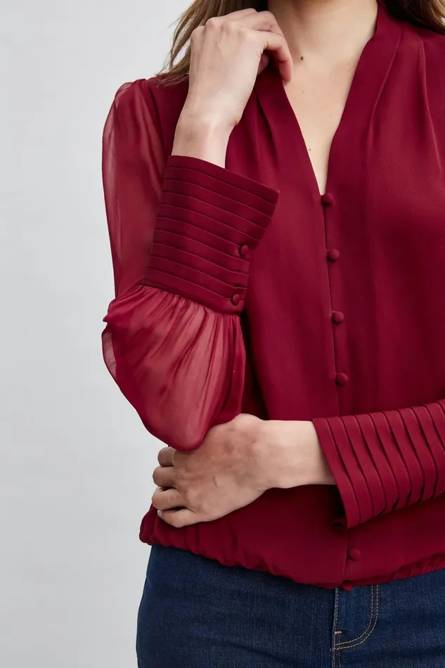 Women Tops and Sweaters Elie Tahari Silk Blouson Button Shirt Sangria
