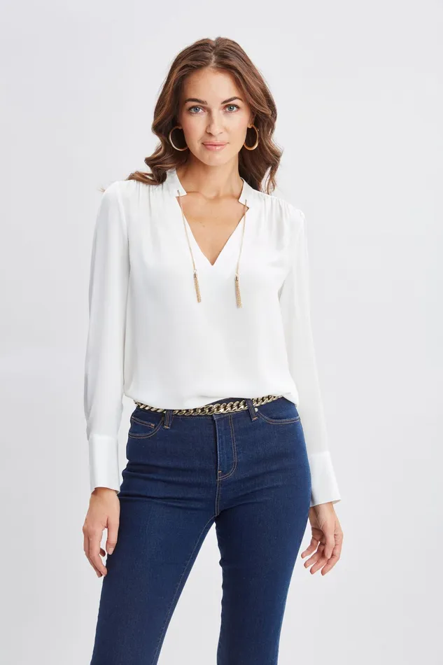 Women Tops and Sweaters Elie Tahari Silk Chain Tassel Shirt Fresh Pearl