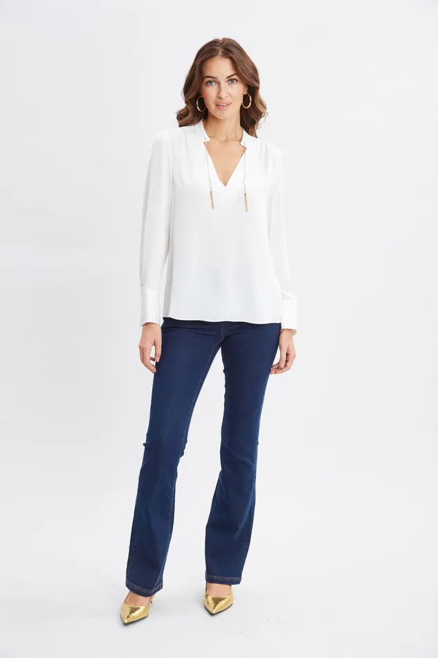Women Tops and Sweaters Elie Tahari Silk Chain Tassel Shirt Fresh Pearl