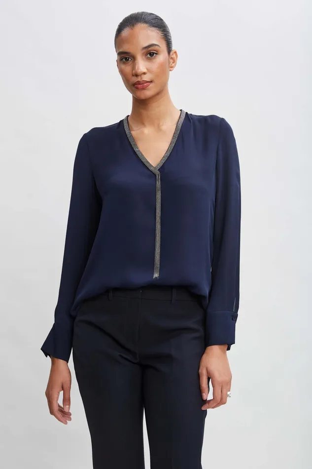 Women Tops and Sweaters Elie Tahari Silk Long Sleeve Chain Shirt Midnight